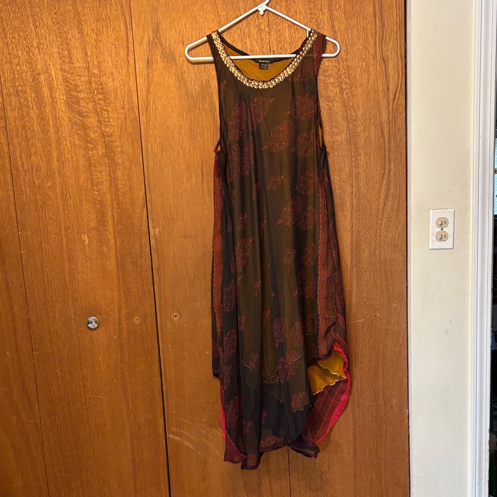 Beaded-Neck Asymmetrical Sleeveless Dress in Brown and Red